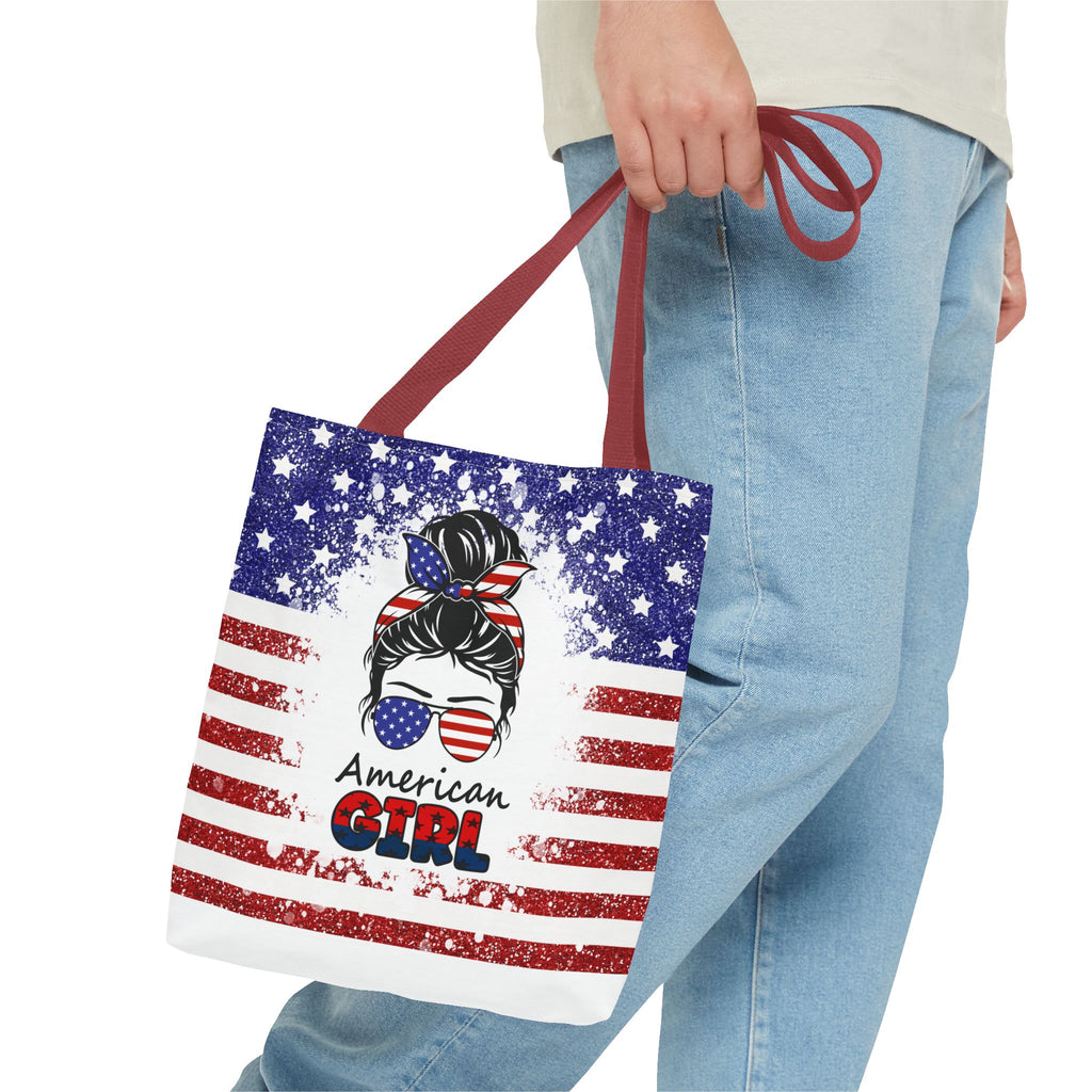 American Girl Tote Bag - Patriotic USA Flag Sunglasses & Hair Bow Beach Shopper (4th of July)