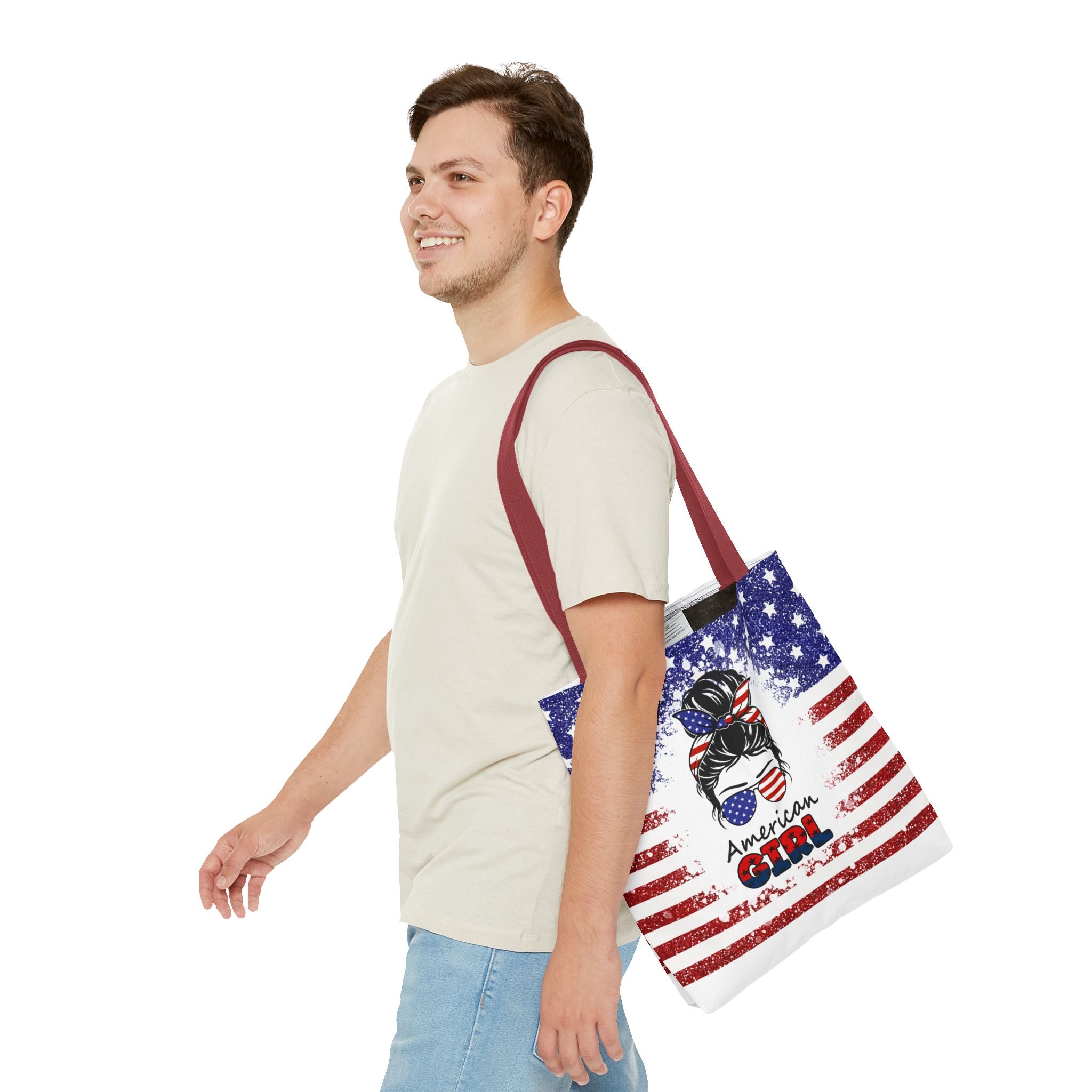 American Girl Tote Bag - Patriotic USA Flag Sunglasses & Hair Bow Beach Shopper (4th of July)