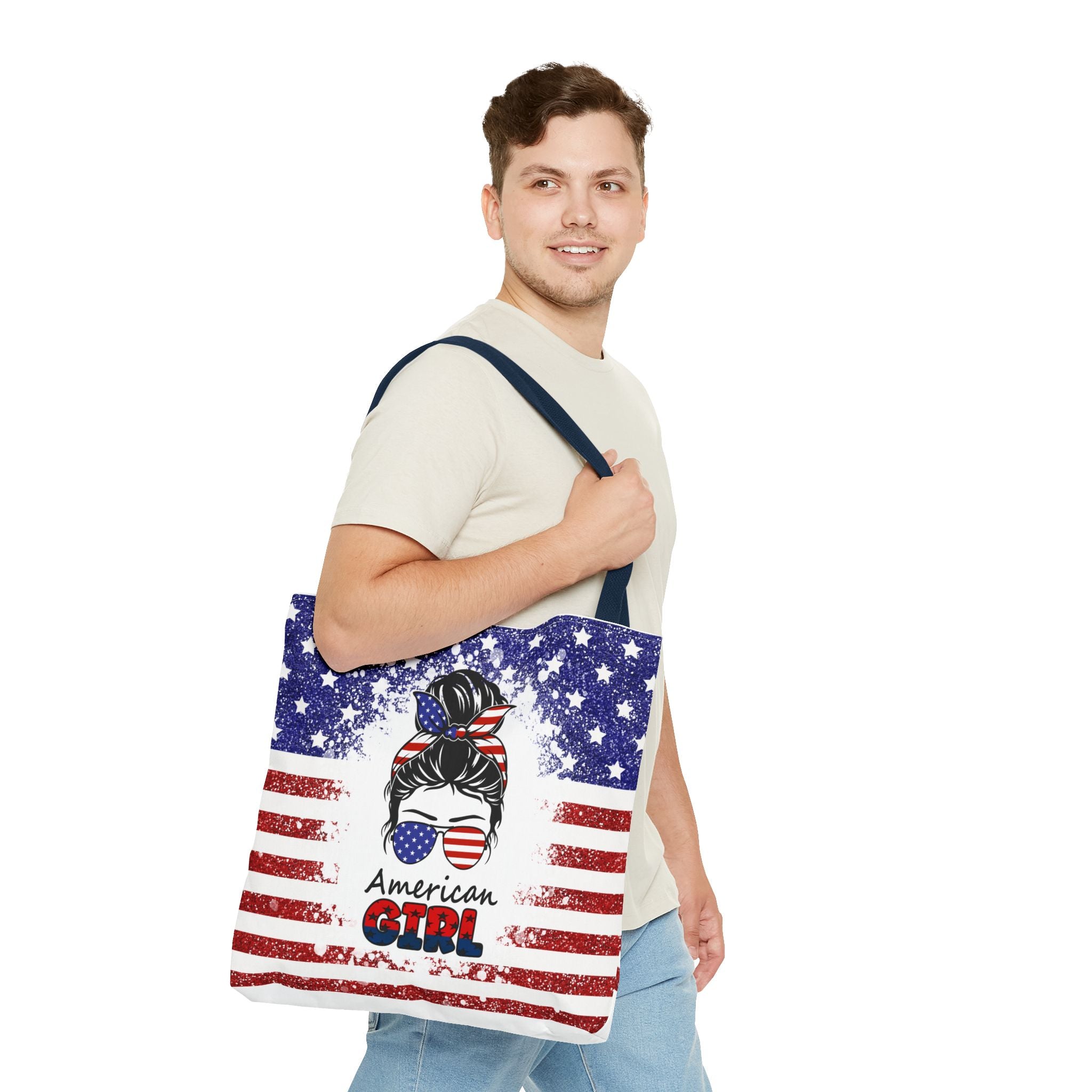 American Girl Tote Bag - Patriotic USA Flag Sunglasses & Hair Bow Beach Shopper (4th of July)