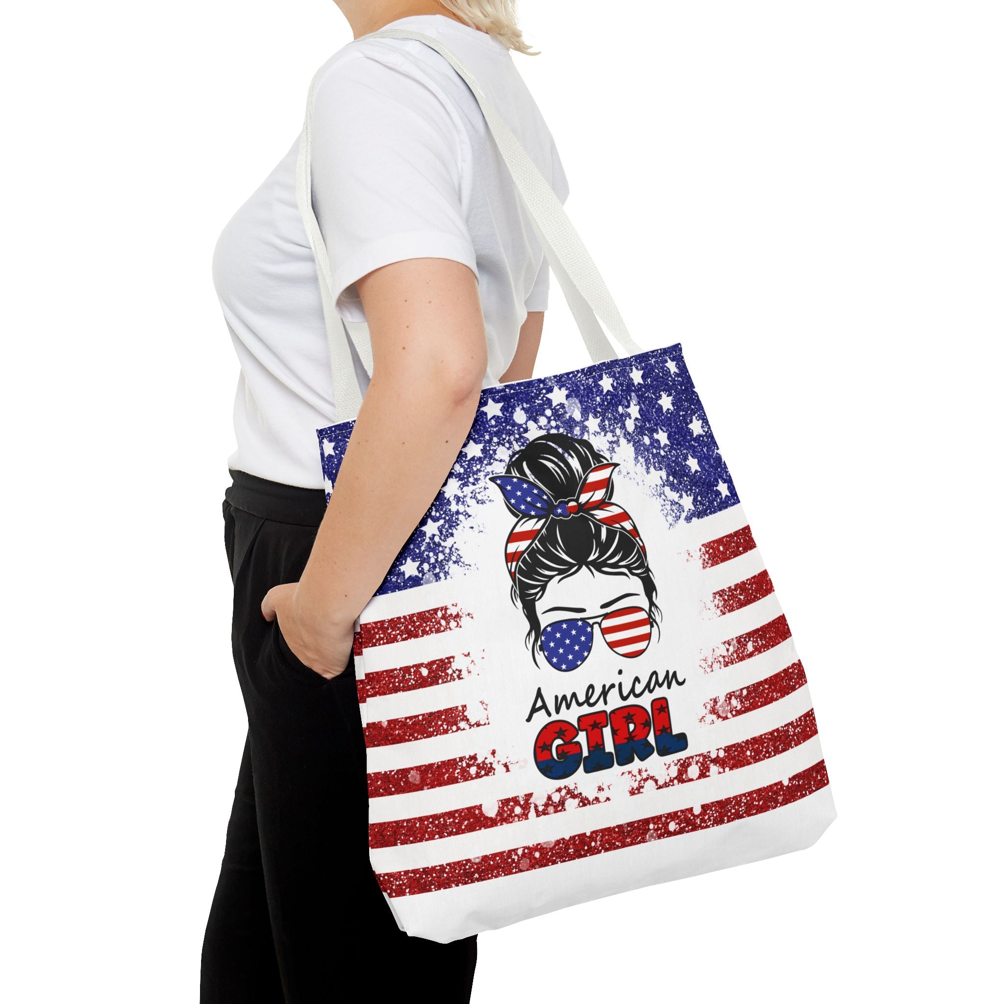 American Girl Tote Bag - Patriotic USA Flag Sunglasses & Hair Bow Beach Shopper (4th of July)