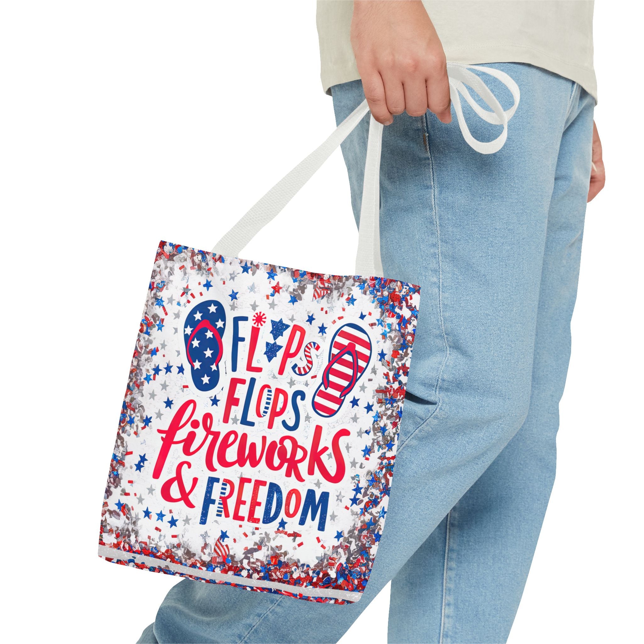 Patriotic Tote Bag - Flip Flops Fireworks USA Flag Beach Shopper (4th of July)