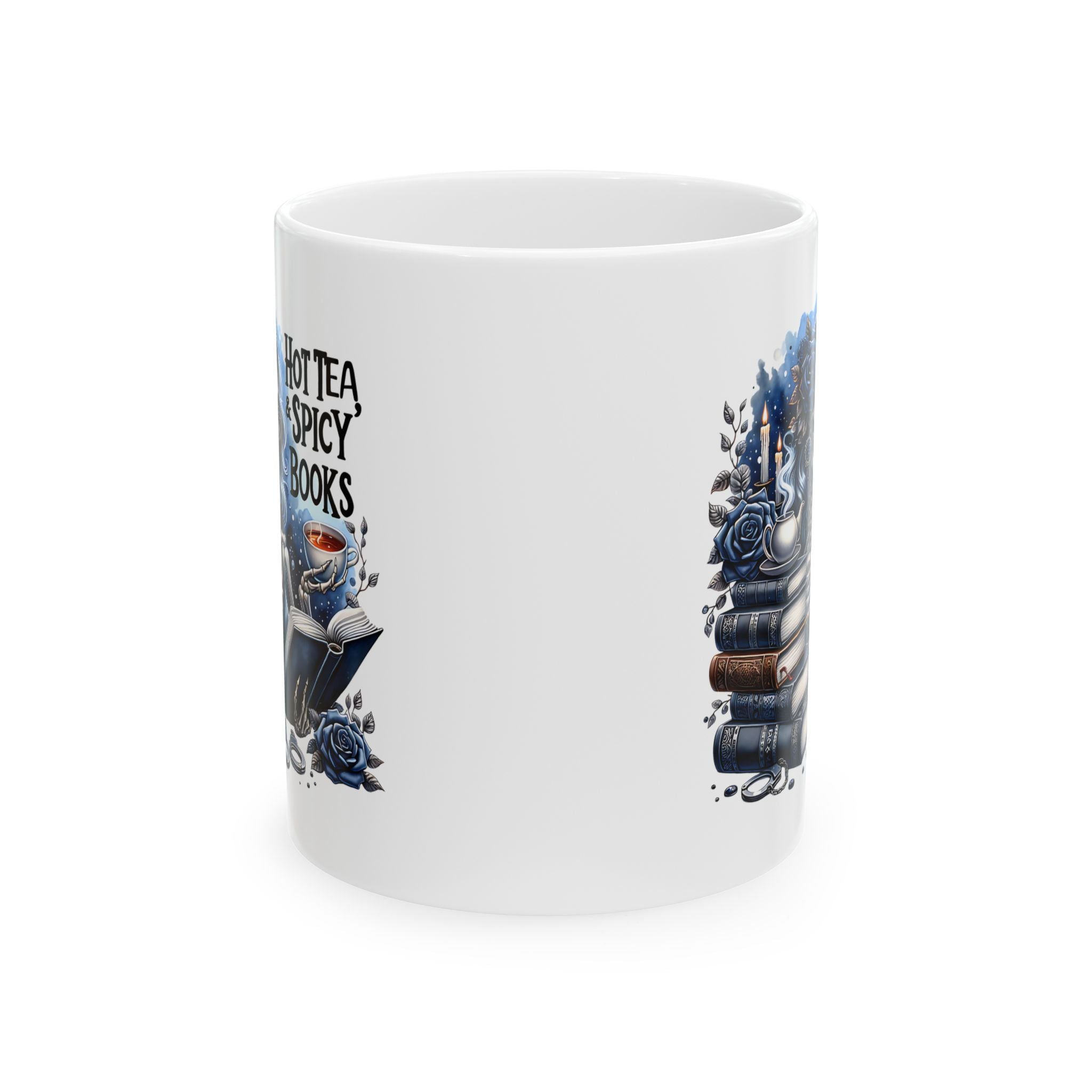 Book Lover Ceramic Mug – “Hot Tea & Spicy Books” Illustrated Stack (11oz, 15oz)
