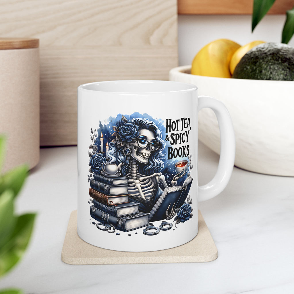 Book Lover Ceramic Mug – “Hot Tea & Spicy Books” Illustrated Stack (11oz, 15oz)