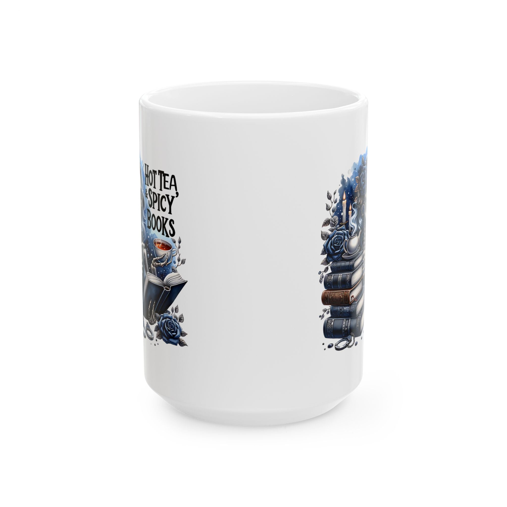 Book Lover Ceramic Mug – “Hot Tea & Spicy Books” Illustrated Stack (11oz, 15oz)