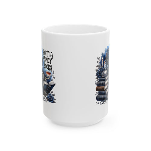 Book Lover Ceramic Mug – “Hot Tea & Spicy Books” Illustrated Stack (11oz, 15oz)