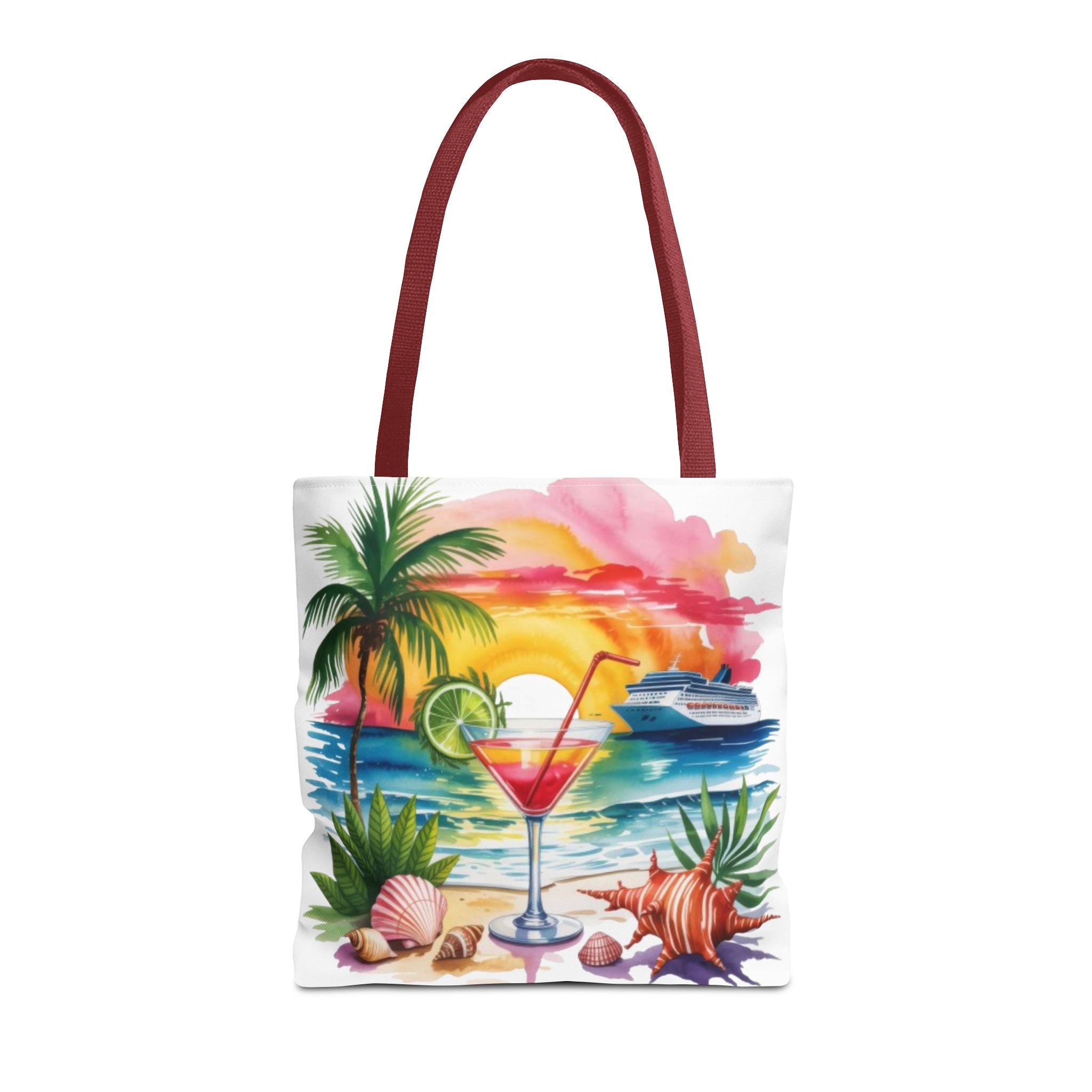 Beach Sunset Cocktail Tote Bag — Tropical Palm, Seashells & Cruise Design