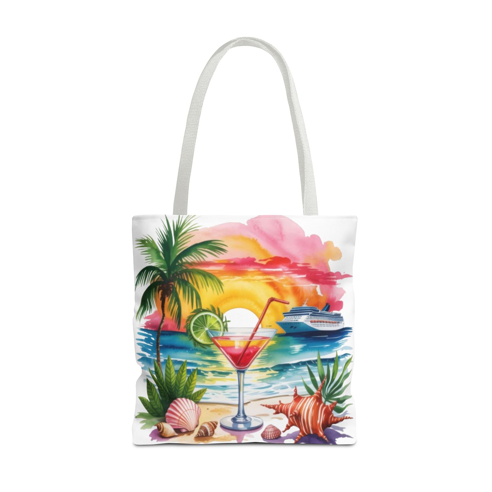 Beach Sunset Cocktail Tote Bag — Tropical Palm, Seashells & Cruise Design