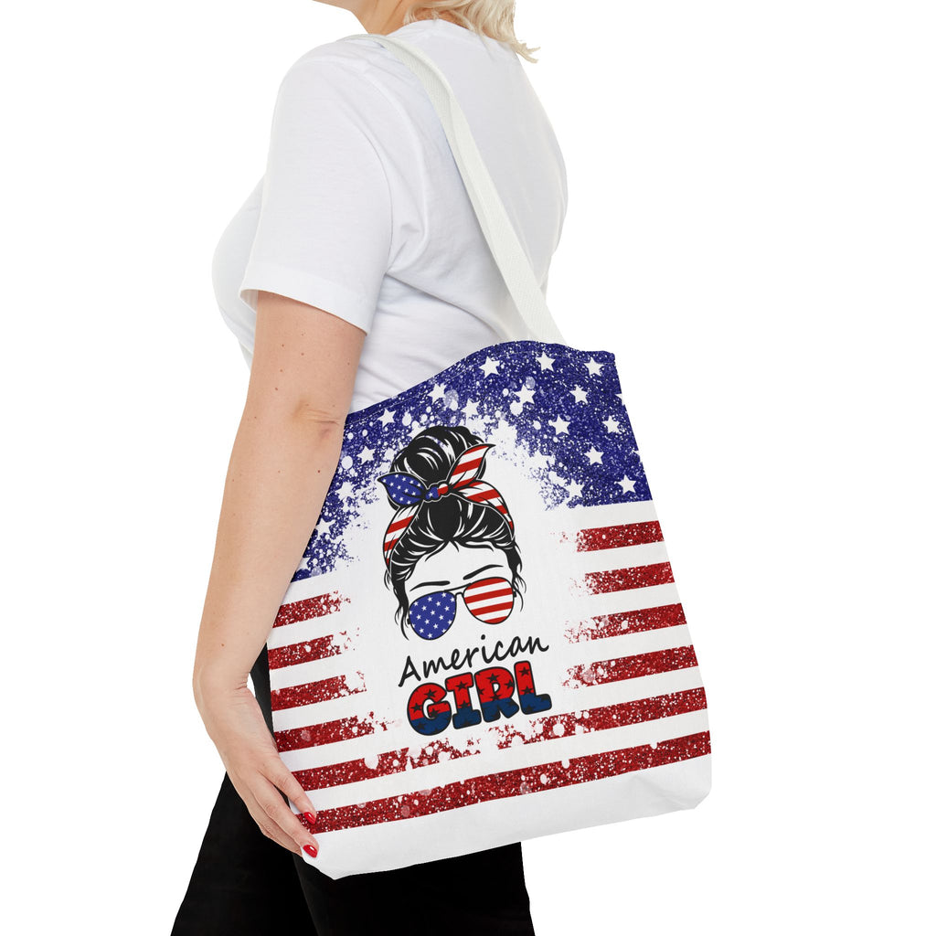 American Girl Tote Bag - Patriotic USA Flag Sunglasses & Hair Bow Beach Shopper (4th of July)