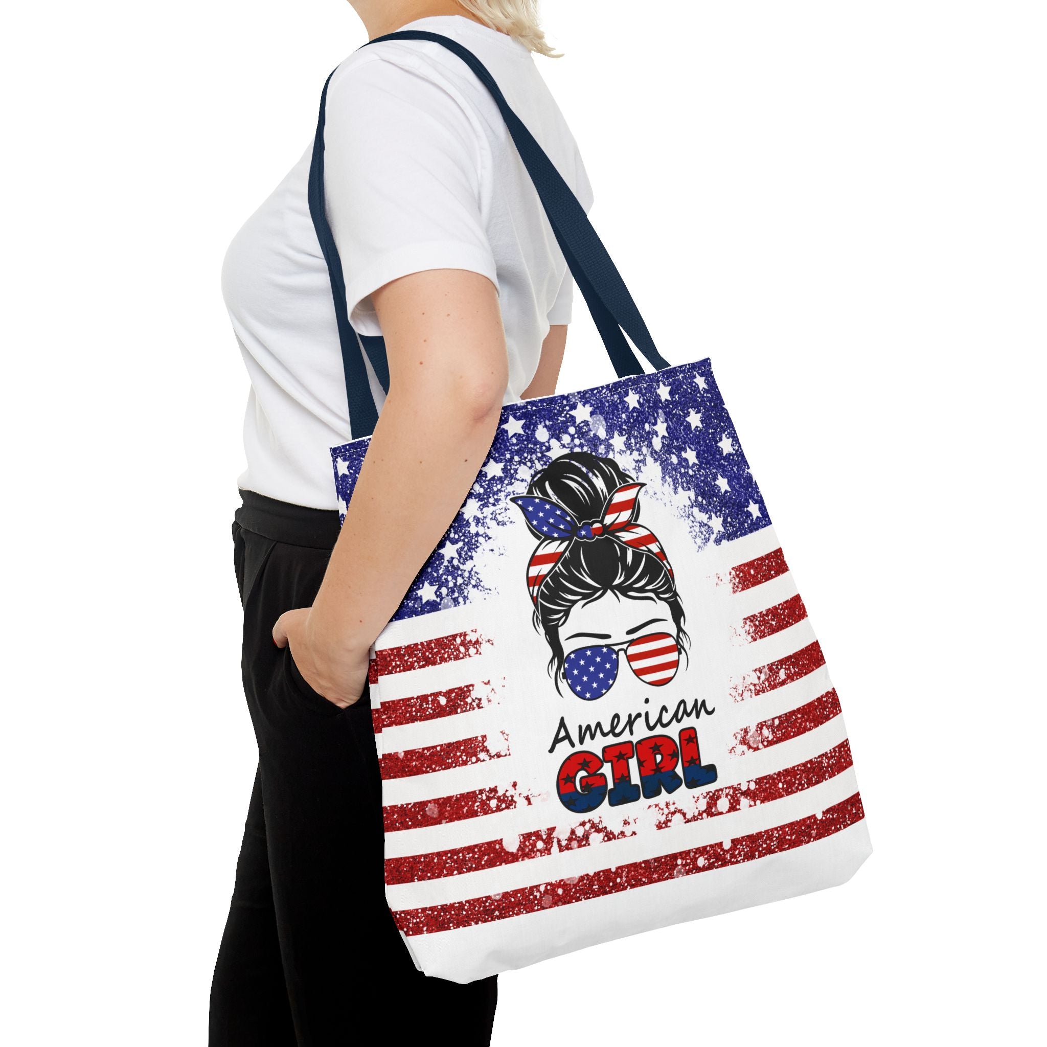 American Girl Tote Bag - Patriotic USA Flag Sunglasses & Hair Bow Beach Shopper (4th of July)