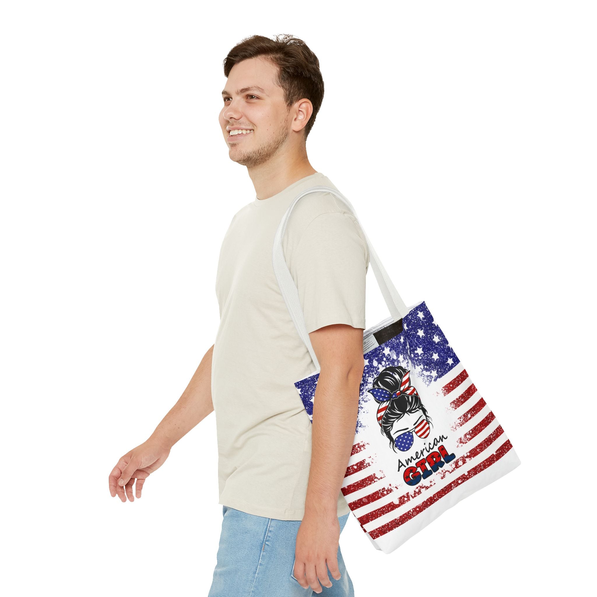 American Girl Tote Bag - Patriotic USA Flag Sunglasses & Hair Bow Beach Shopper (4th of July)