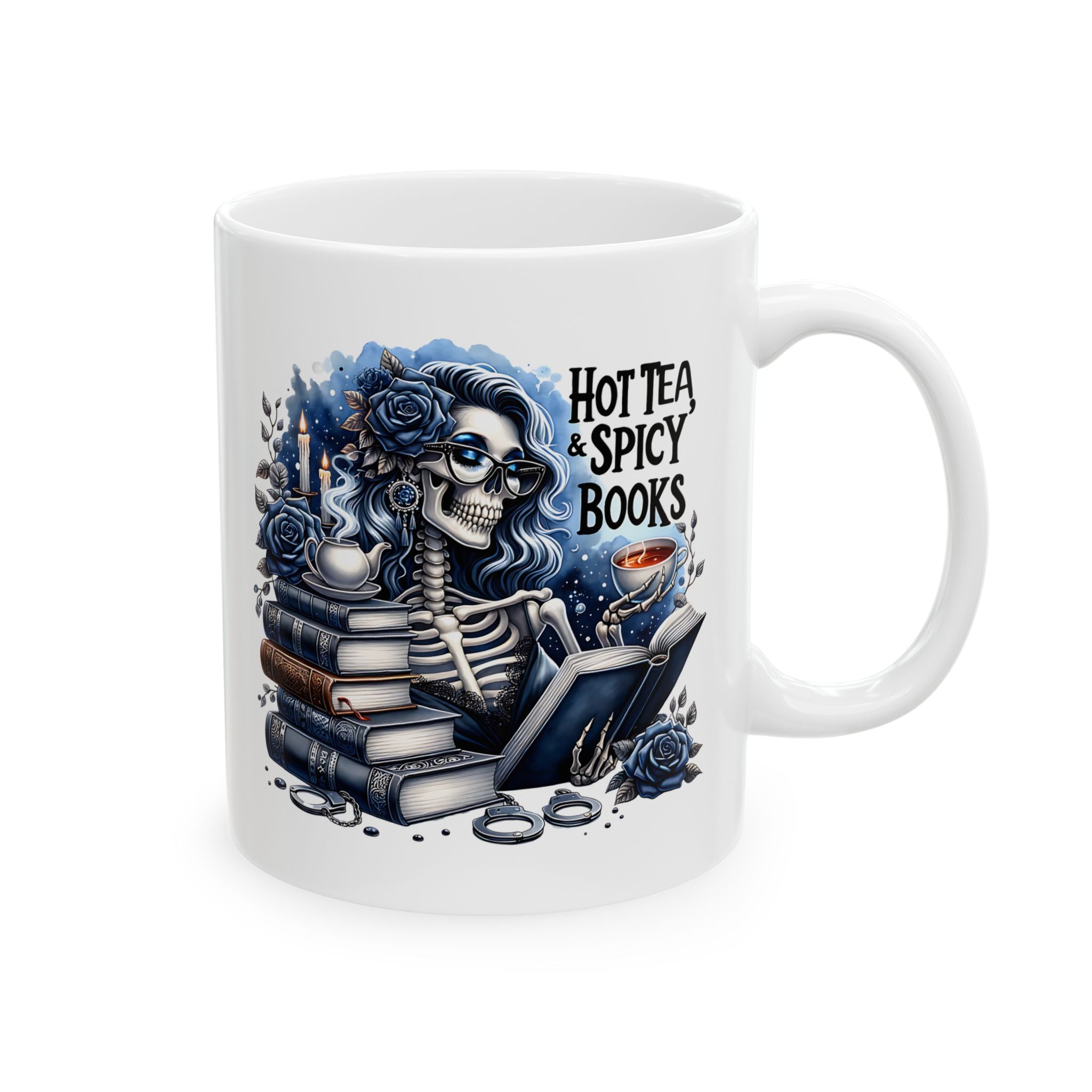Book Lover Ceramic Mug – “Hot Tea & Spicy Books” Illustrated Stack (11oz, 15oz)