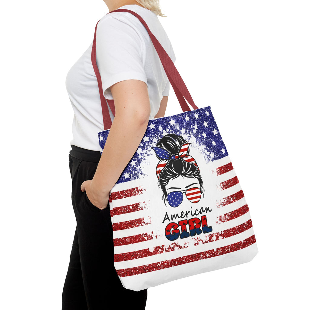 American Girl Tote Bag - Patriotic USA Flag Sunglasses & Hair Bow Beach Shopper (4th of July)