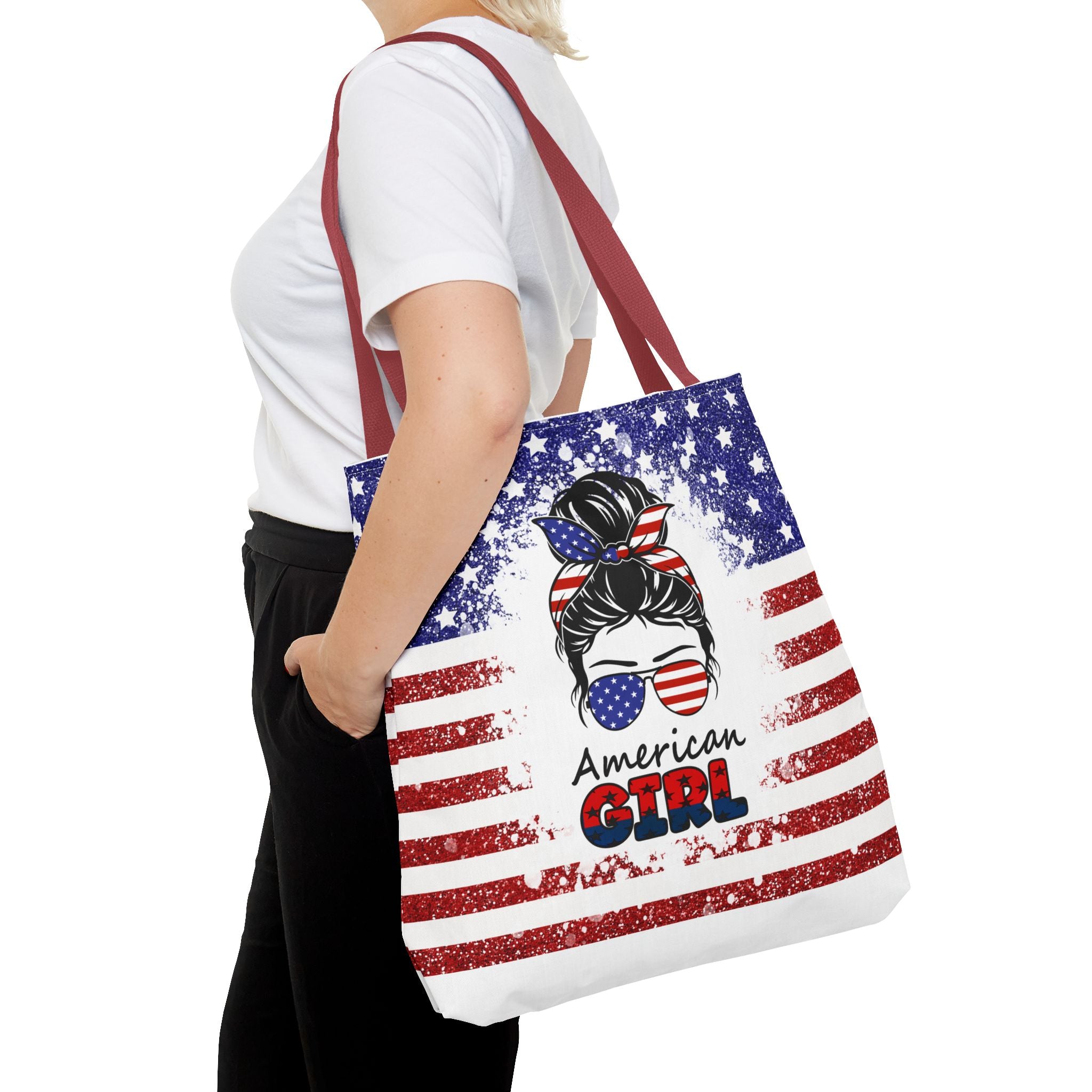 American Girl Tote Bag - Patriotic USA Flag Sunglasses & Hair Bow Beach Shopper (4th of July)