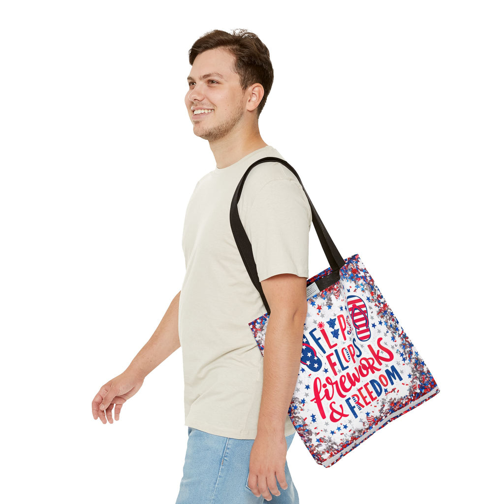 Patriotic Tote Bag - Flip Flops Fireworks USA Flag Beach Shopper (4th of July)