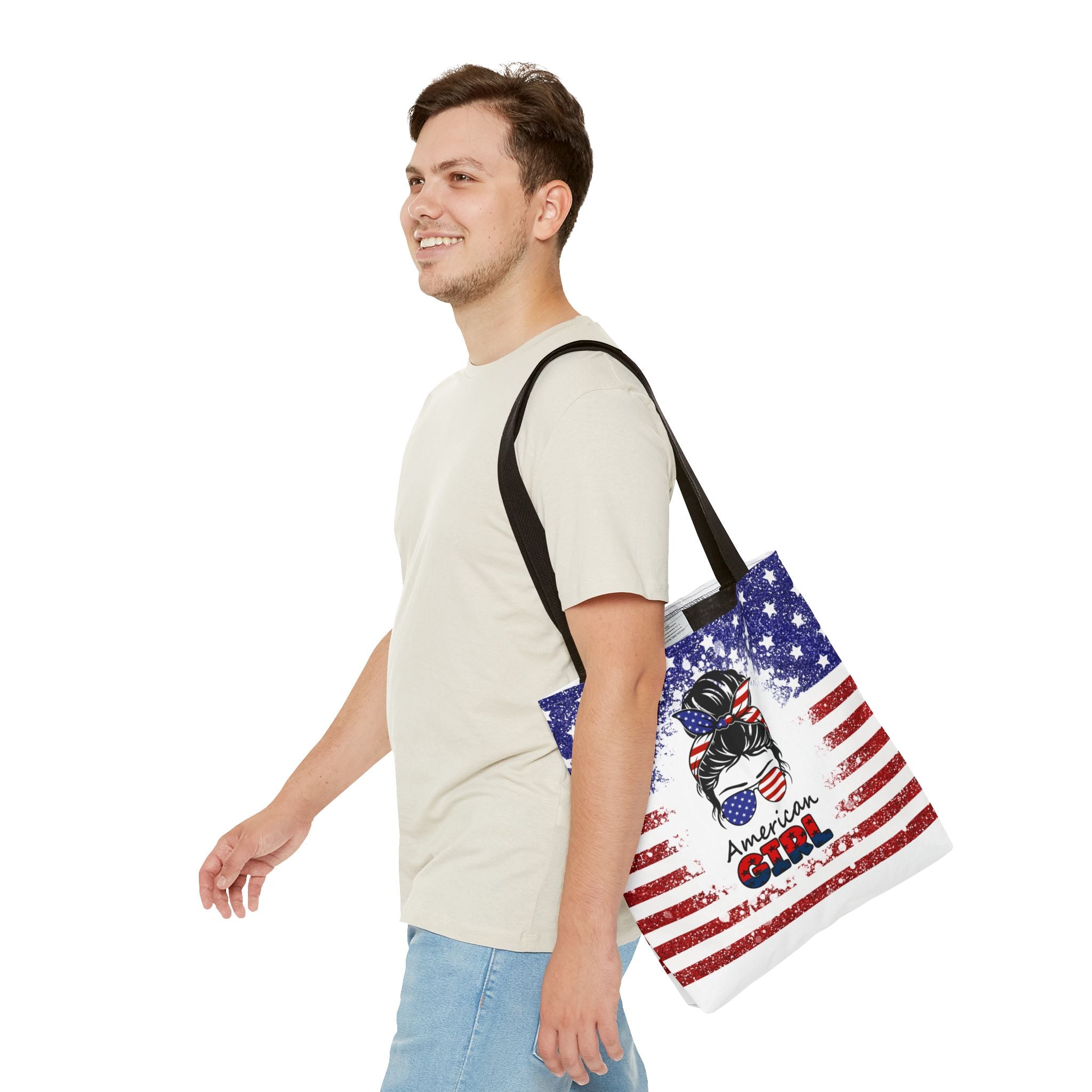 American Girl Tote Bag - Patriotic USA Flag Sunglasses & Hair Bow Beach Shopper (4th of July)