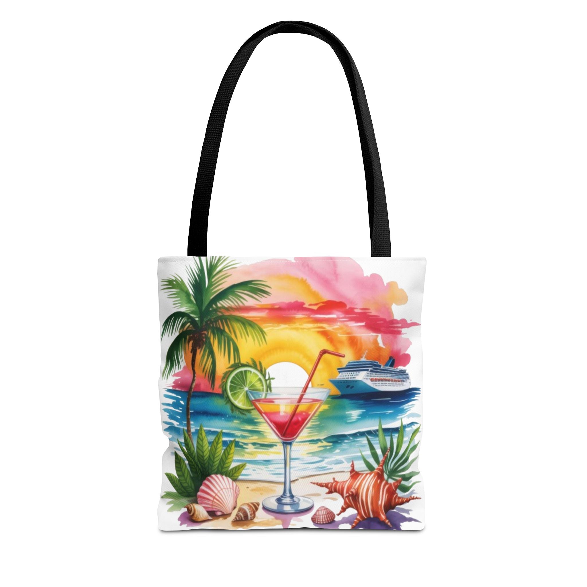 Beach Sunset Cocktail Tote Bag — Tropical Palm, Seashells & Cruise Design