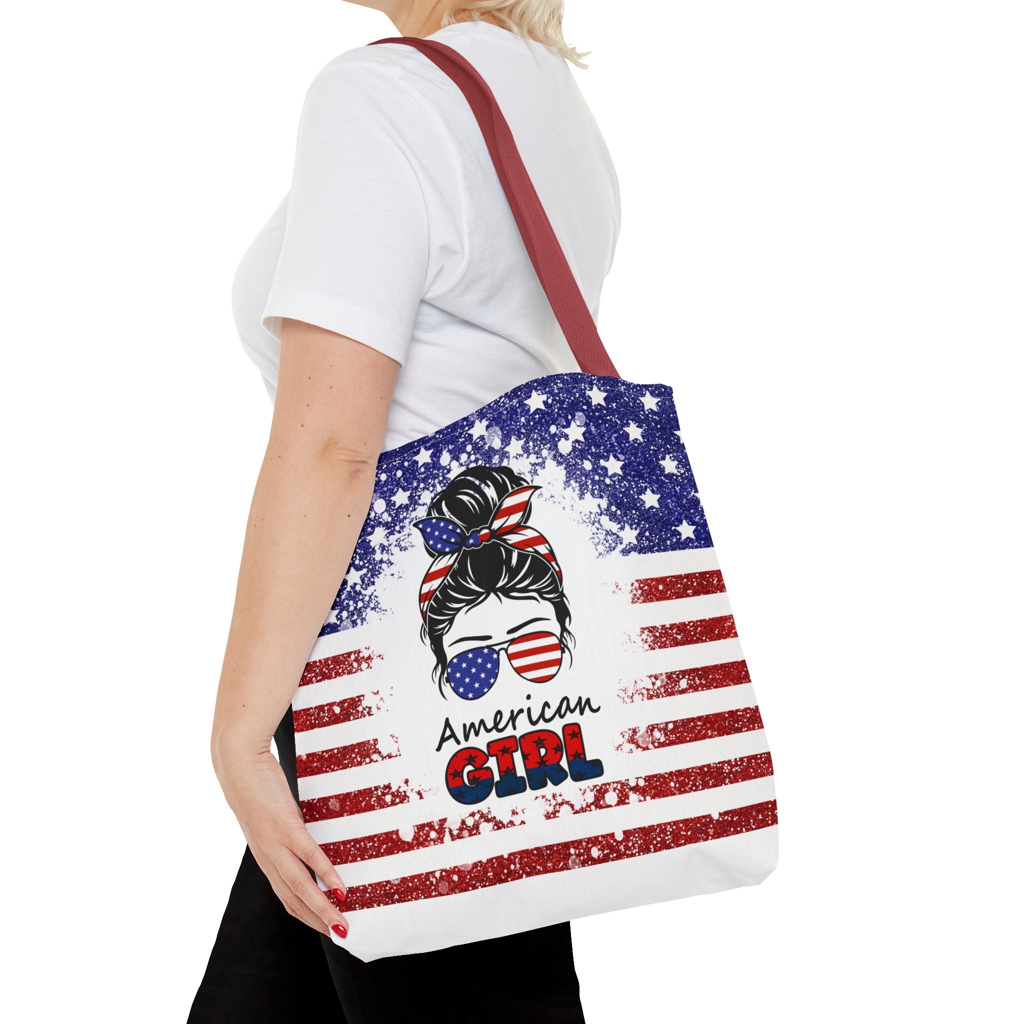 American Girl Tote Bag - Patriotic USA Flag Sunglasses & Hair Bow Beach Shopper (4th of July)