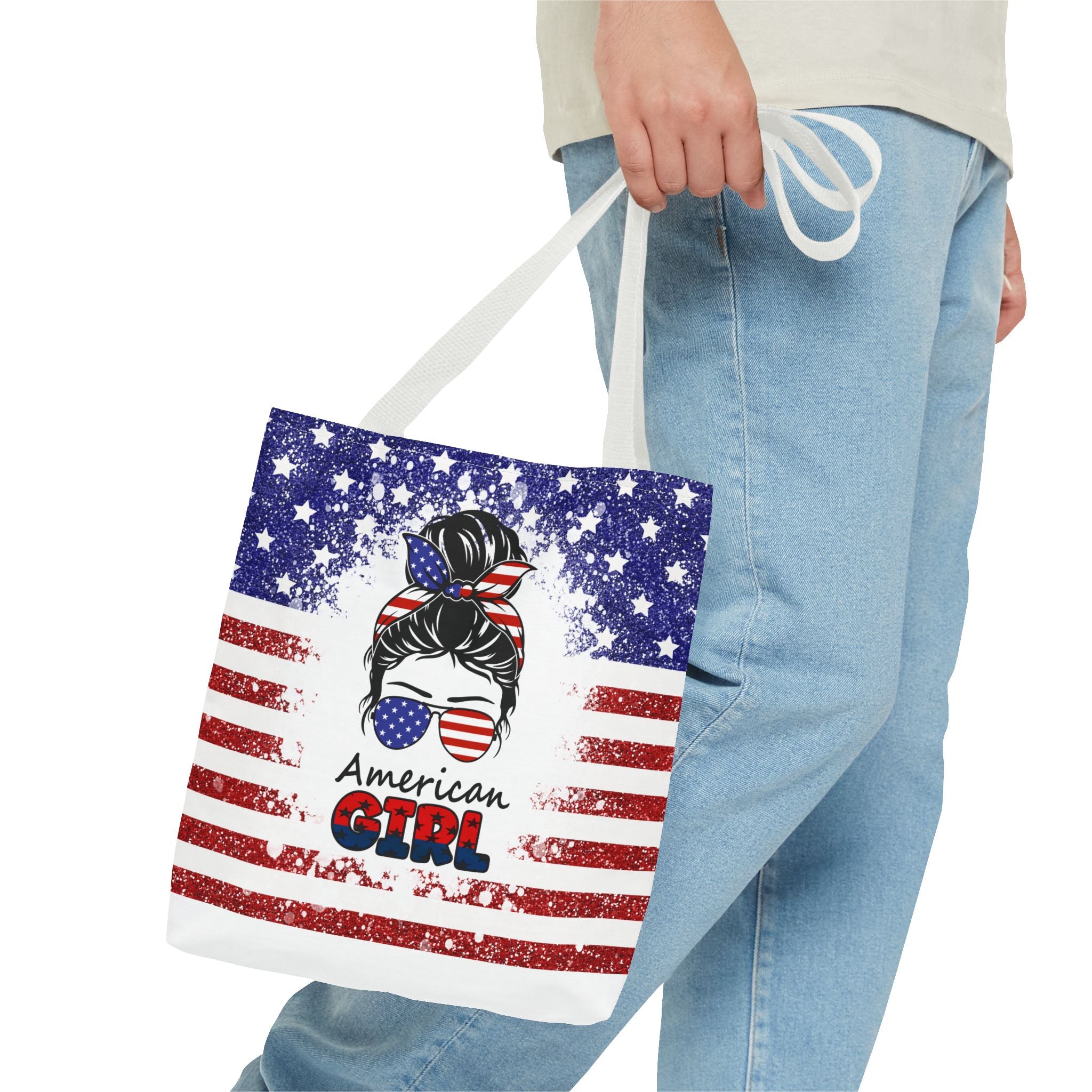 American Girl Tote Bag - Patriotic USA Flag Sunglasses & Hair Bow Beach Shopper (4th of July)