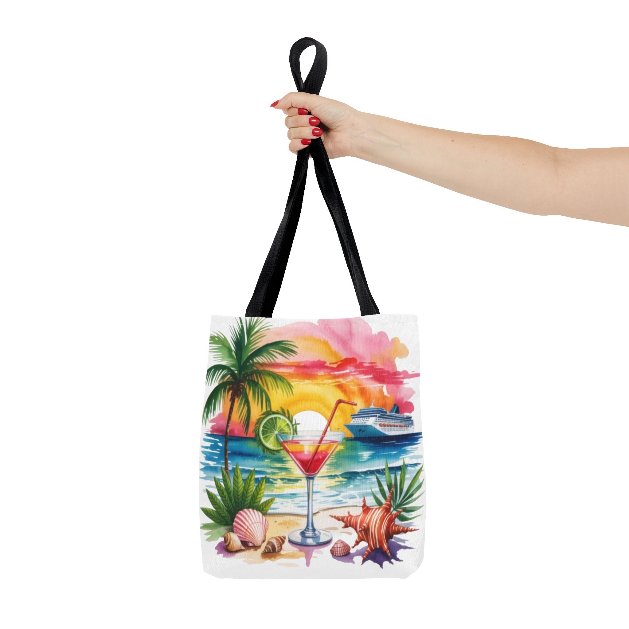 Beach Sunset Cocktail Tote Bag — Tropical Palm, Seashells & Cruise Design