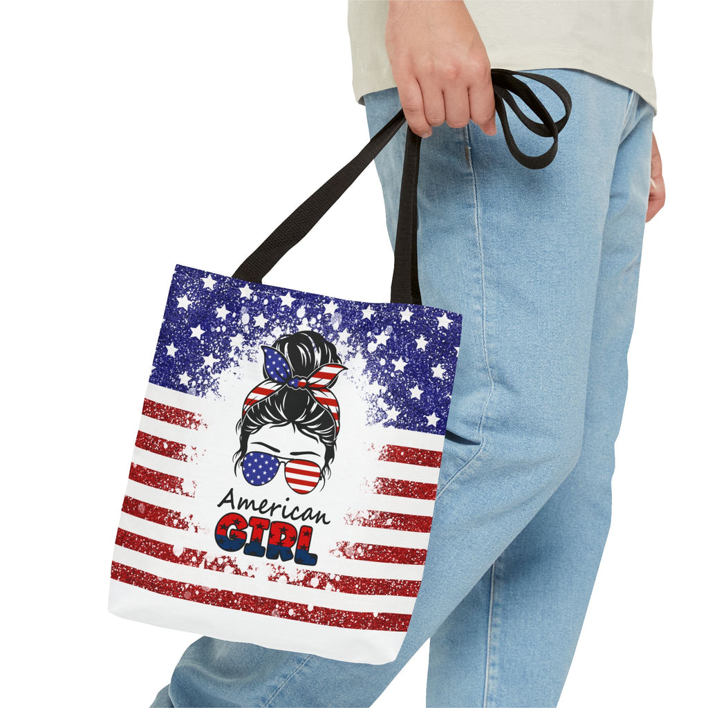 American Girl Tote Bag - Patriotic USA Flag Sunglasses & Hair Bow Beach Shopper (4th of July)