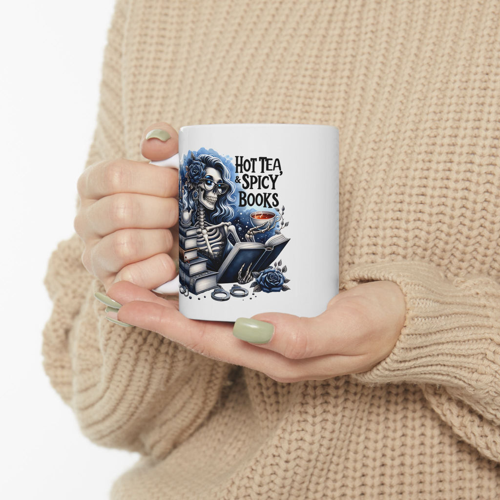 Book Lover Ceramic Mug – “Hot Tea & Spicy Books” Illustrated Stack (11oz, 15oz)