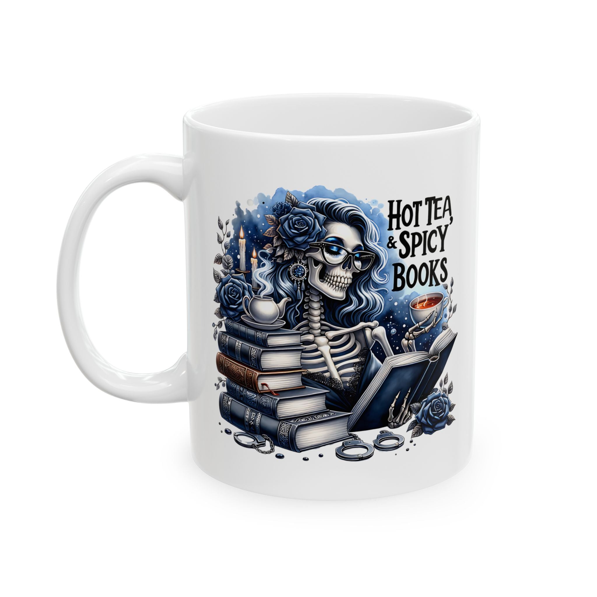 Book Lover Ceramic Mug – “Hot Tea & Spicy Books” Illustrated Stack (11oz, 15oz)