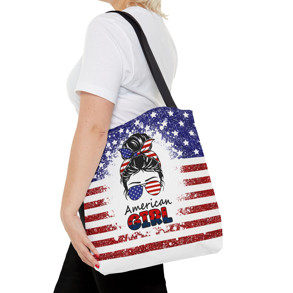 American Girl Tote Bag - Patriotic USA Flag Sunglasses & Hair Bow Beach Shopper (4th of July)