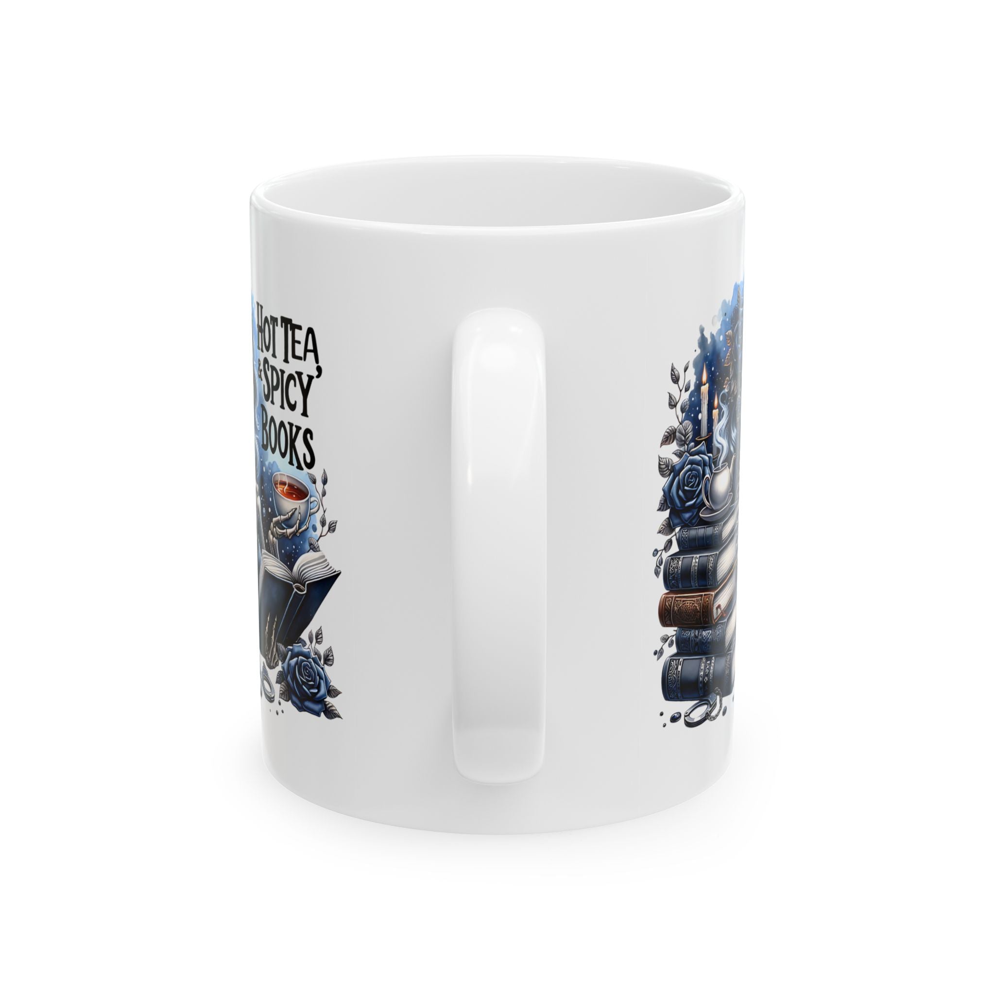 Book Lover Ceramic Mug – “Hot Tea & Spicy Books” Illustrated Stack (11oz, 15oz)