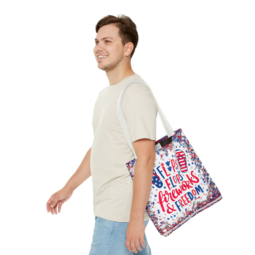 Patriotic Tote Bag - Flip Flops Fireworks USA Flag Beach Shopper (4th of July)